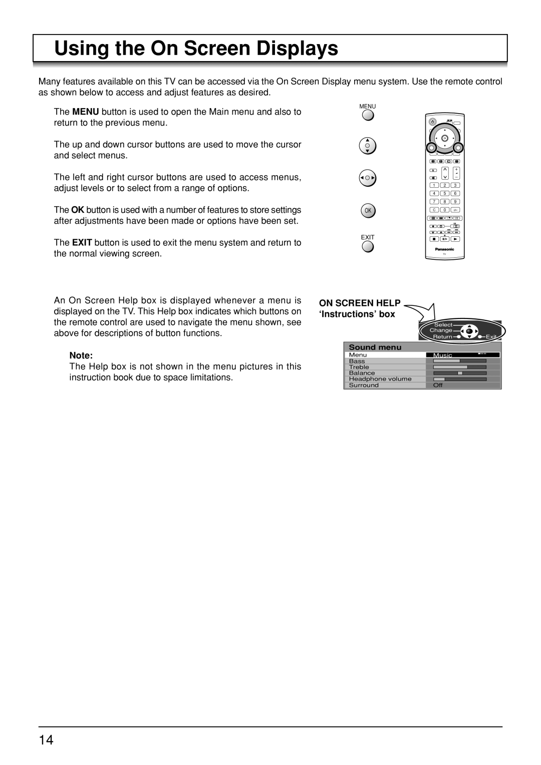 Panasonic TH-42PV30, TH-50PV30, TH-37PA30 Using the On Screen Displays, On Screen Help ‘Instructions’ box 