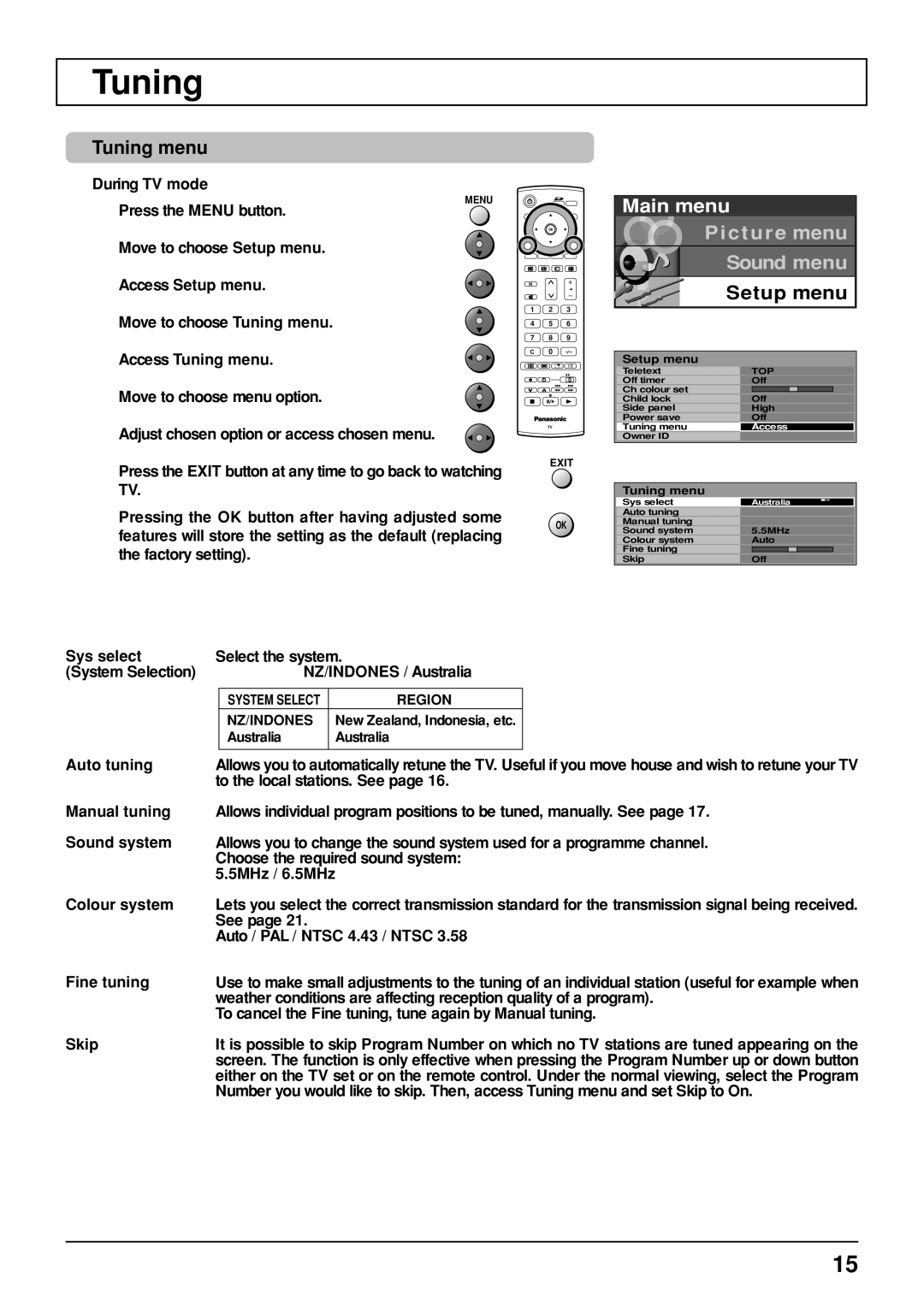 Panasonic TH-50PV30, TH-37PA30, TH-42PV30 operating instructions Tuning menu 