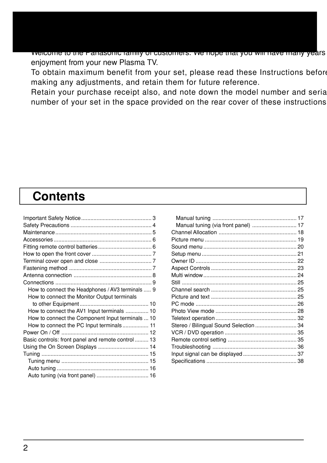 Panasonic TH-42PV30, TH-50PV30, TH-37PA30 operating instructions Dear Panasonic Customer, Contents 