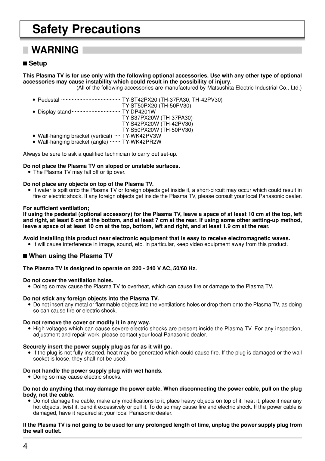 Panasonic TH-37PA30, TH-50PV30, TH-42PV30 operating instructions Safety Precautions, Setup, When using the Plasma TV 