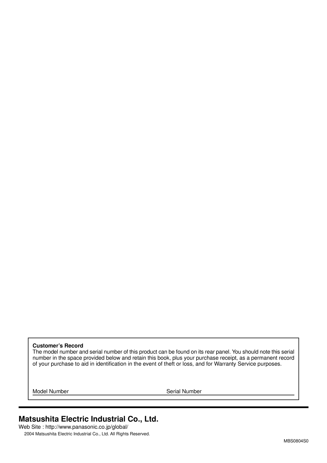 Panasonic TH-37PA30, TH-50PV30, TH-42PV30 operating instructions Customer’s Record 