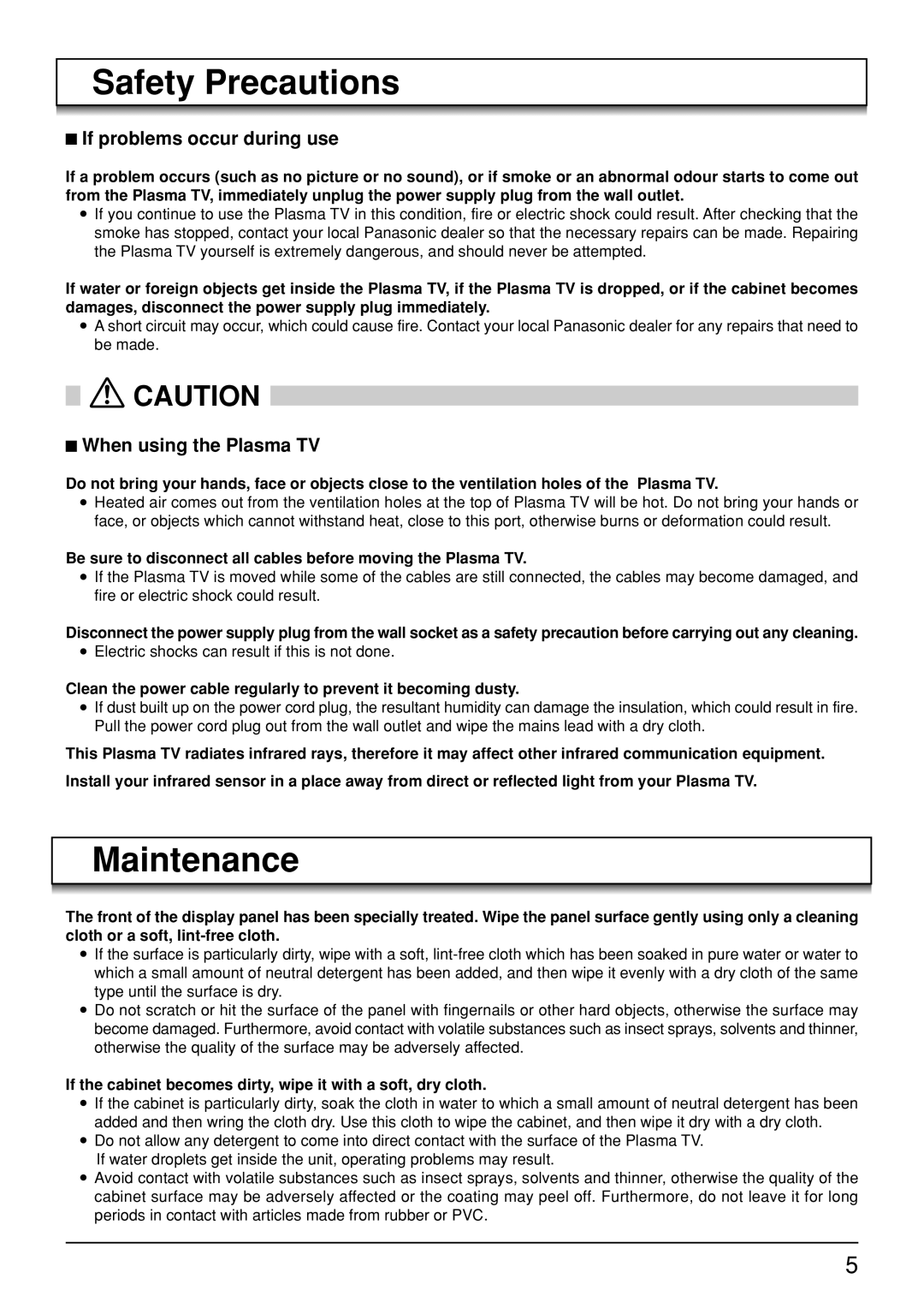 Panasonic TH-42PV30, TH-50PV30, TH-37PA30 operating instructions Maintenance, If problems occur during use 