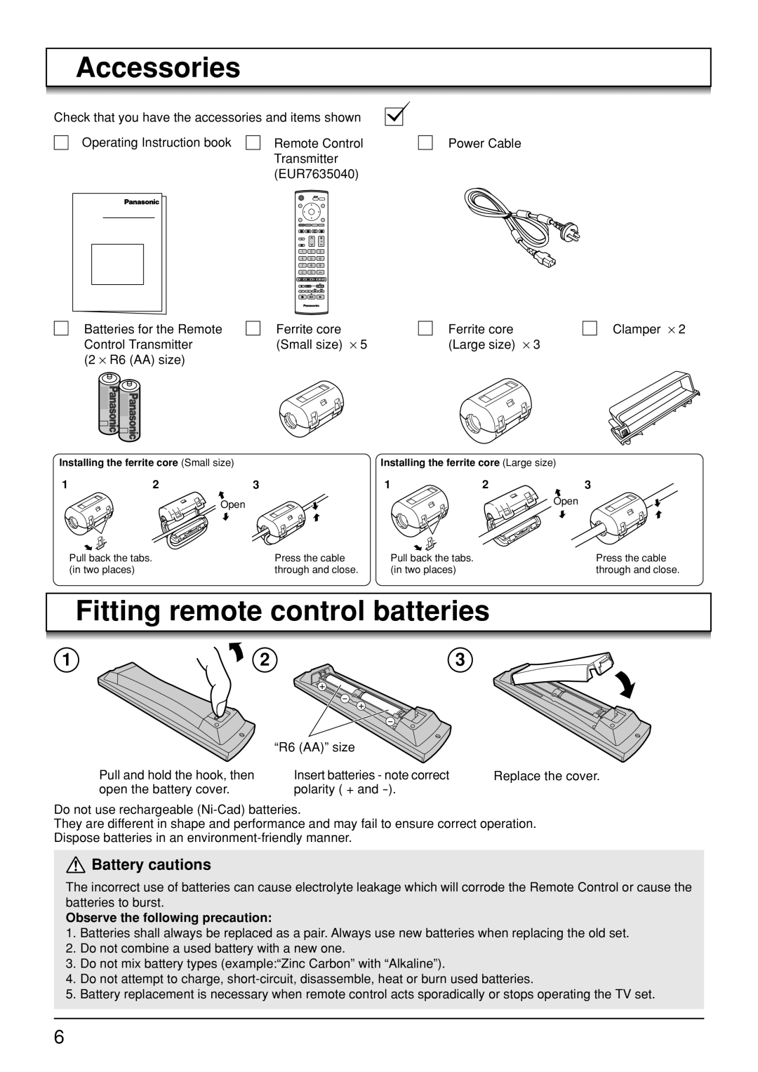 Panasonic TH-50PV30 Accessories, Fitting remote control batteries, Battery cautions, Observe the following precaution 