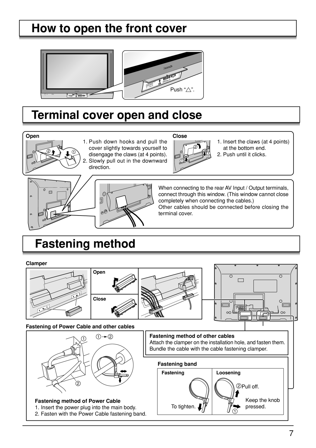 Panasonic TH-37PA30, TH-50PV30, TH-42PV30 How to open the front cover, Terminal cover open and close, Fastening method 