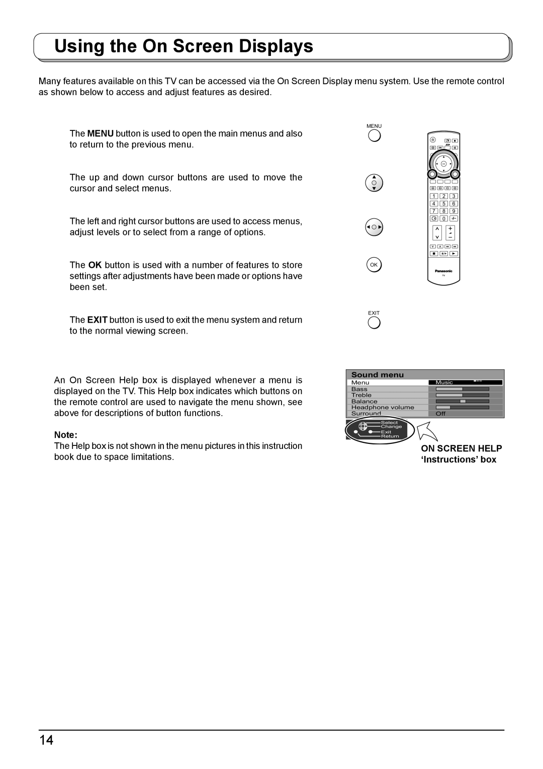 Panasonic TH-50PV500A, TH-42PV500A operating instructions Using the On Screen Displays, On Screen Help ‘Instructions’ box 