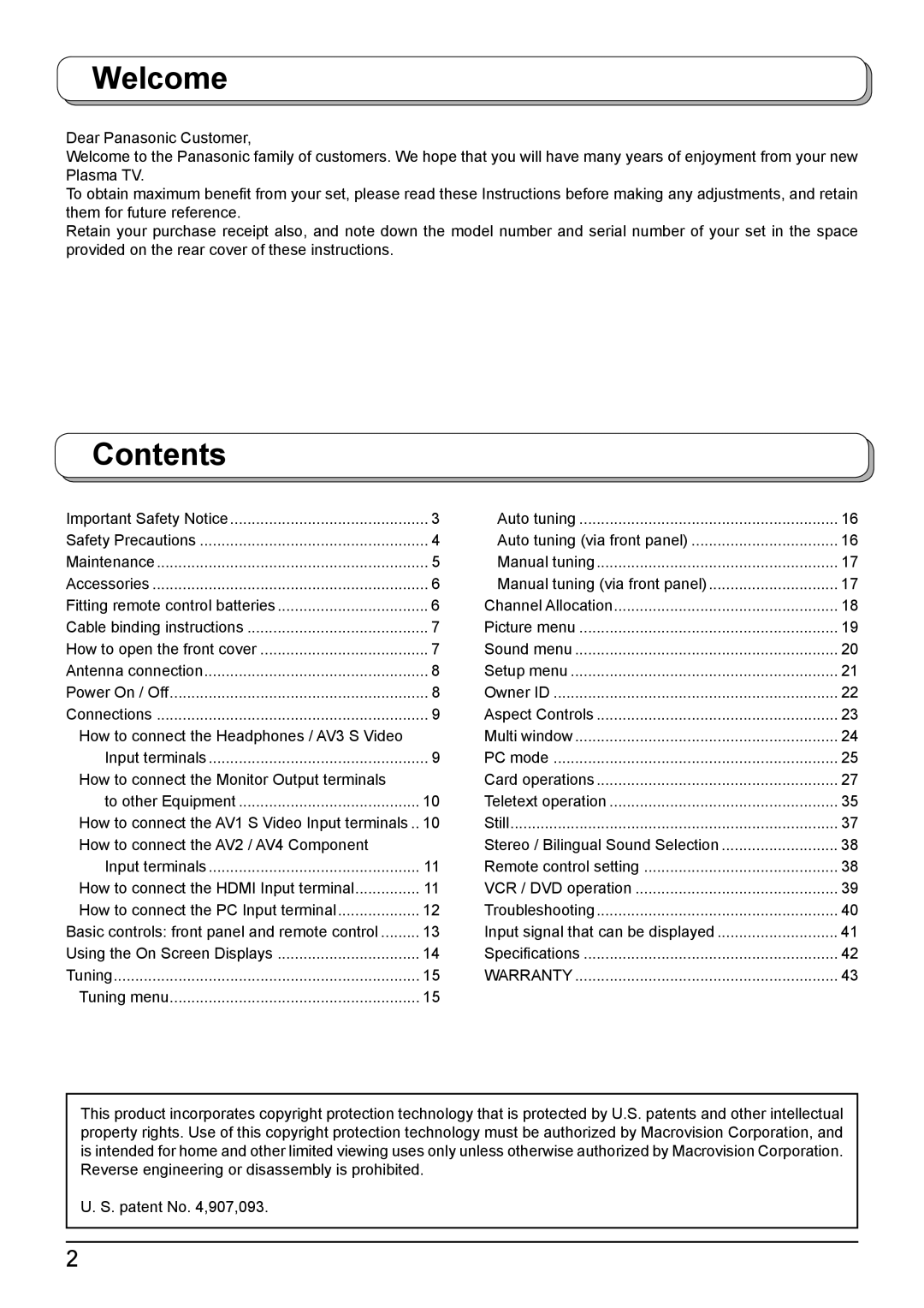 Panasonic TH-50PV500A, TH-42PV500A operating instructions Welcome, Contents 