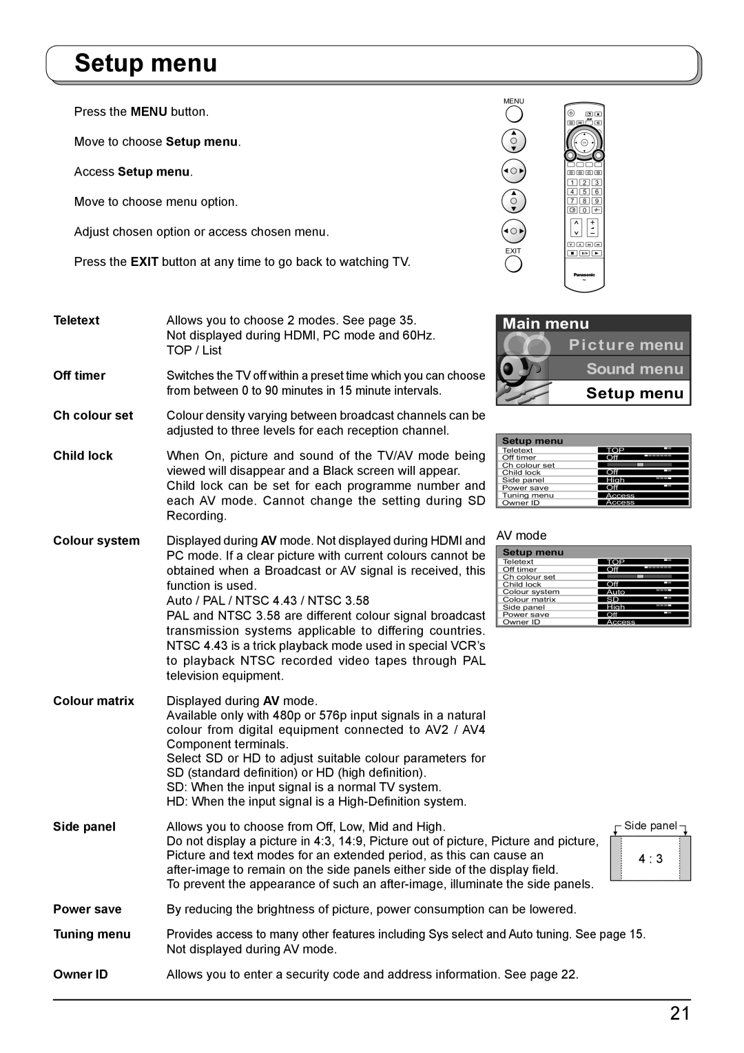 Panasonic TH-42PV500A, TH-50PV500A operating instructions Setup menu 