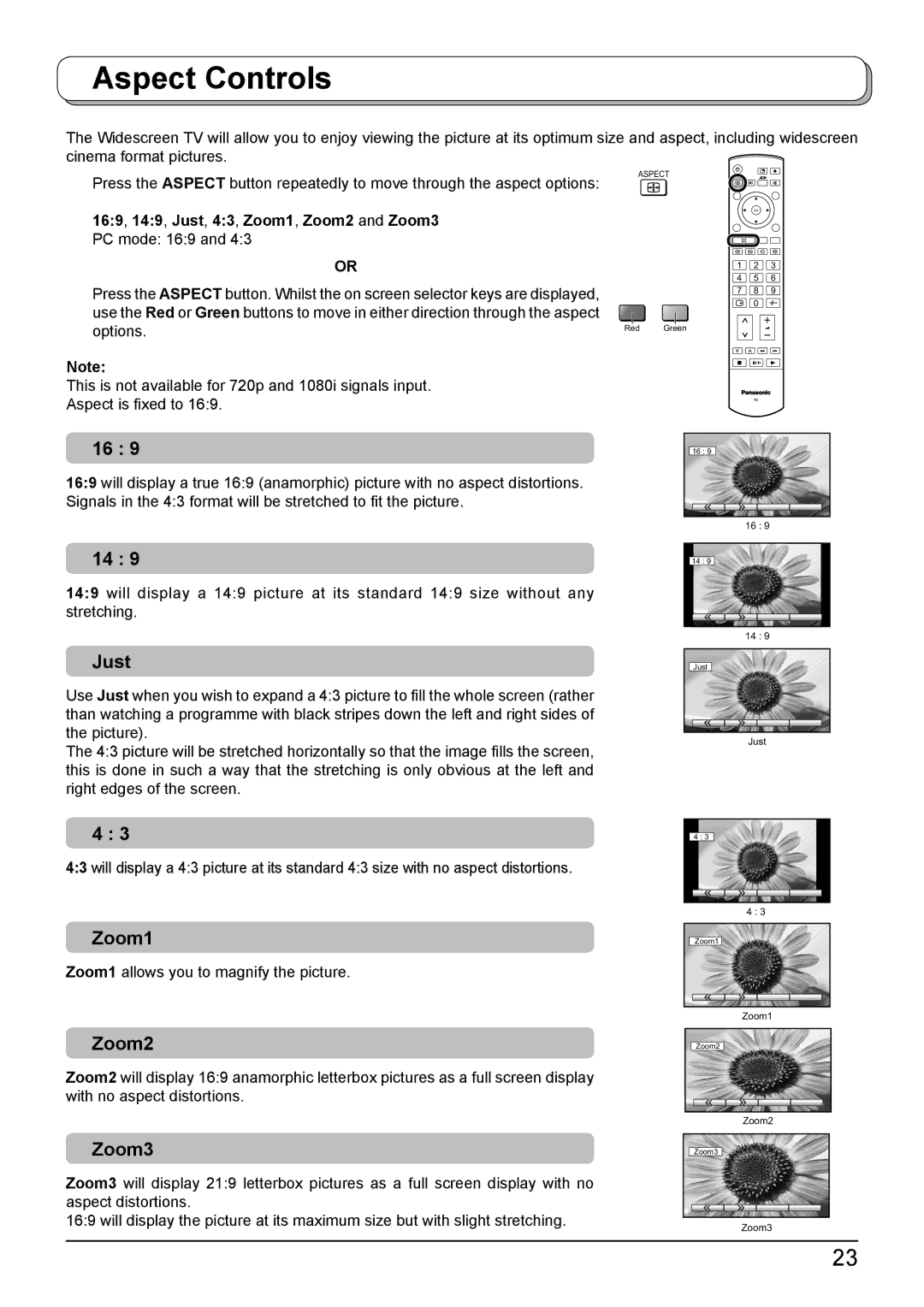 Panasonic TH-42PV500A, TH-50PV500A operating instructions Aspect Controls, Just, Zoom1, Zoom2, Zoom3 