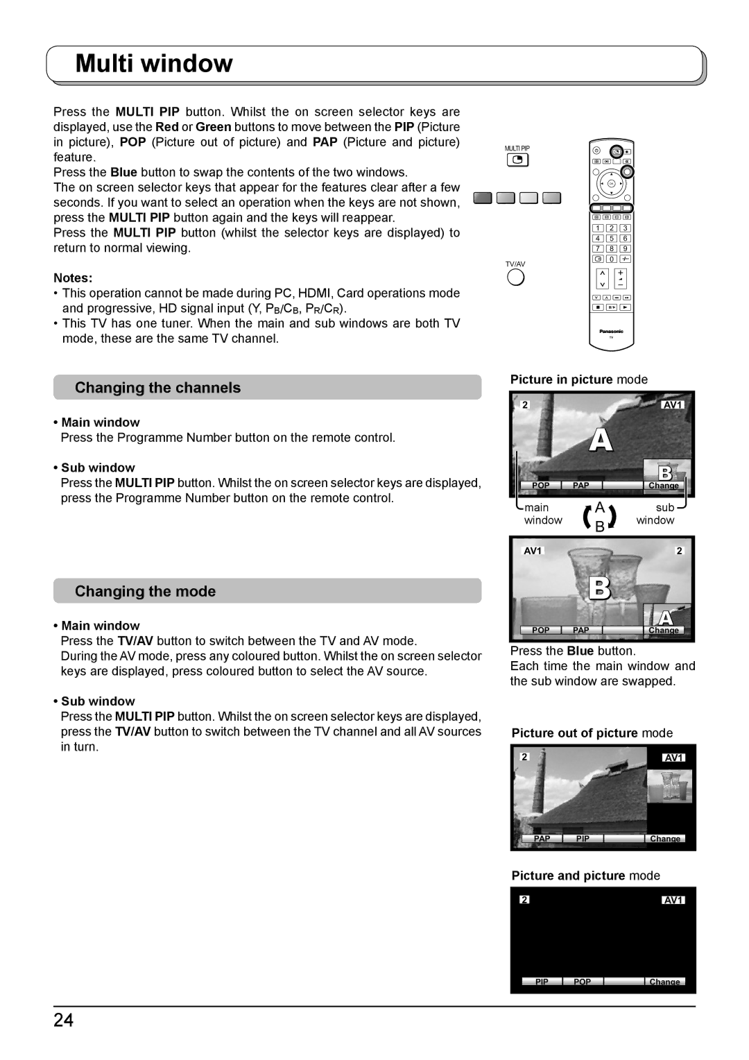 Panasonic TH-50PV500A, TH-42PV500A operating instructions Multi window, Changing the channels, Changing the mode 