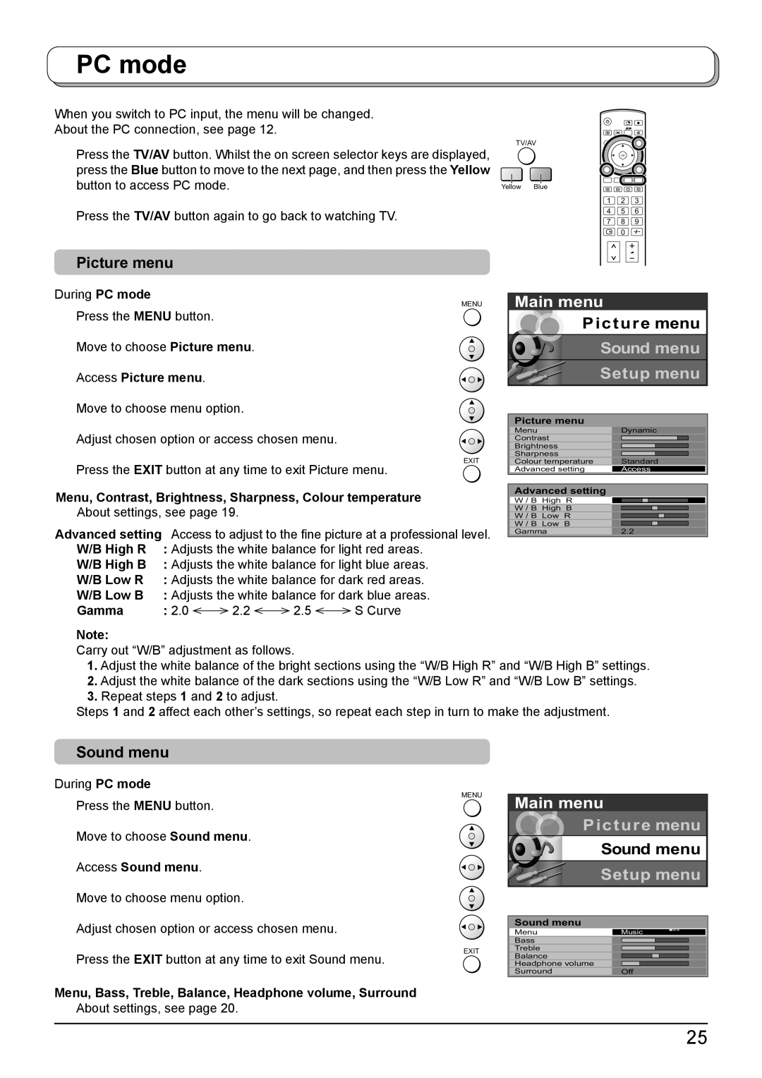 Panasonic TH-42PV500A, TH-50PV500A operating instructions PC mode, Menu, Contrast, Brightness, Sharpness, Colour temperature 