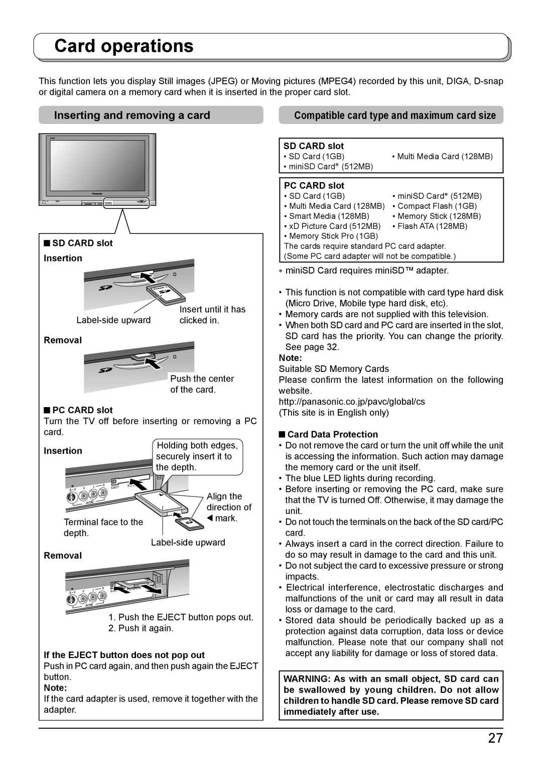 Panasonic TH-42PV500A, TH-50PV500A operating instructions Card operations, Inserting and removing a card 