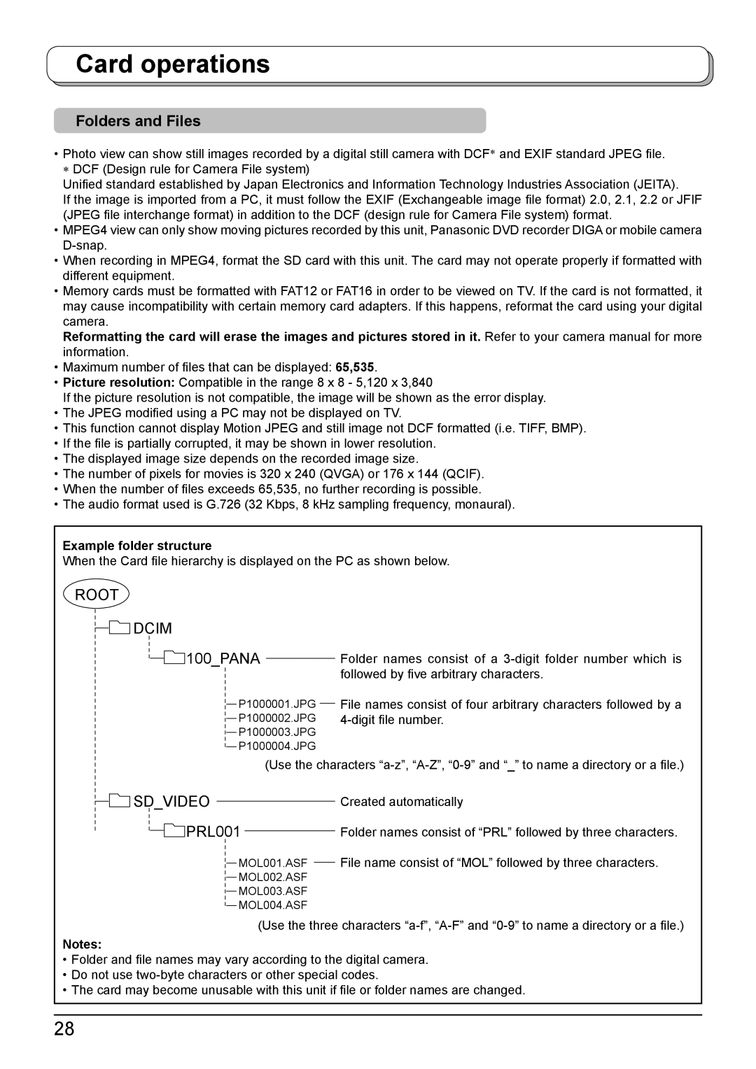 Panasonic TH-50PV500A, TH-42PV500A operating instructions Folders and Files, Example folder structure 