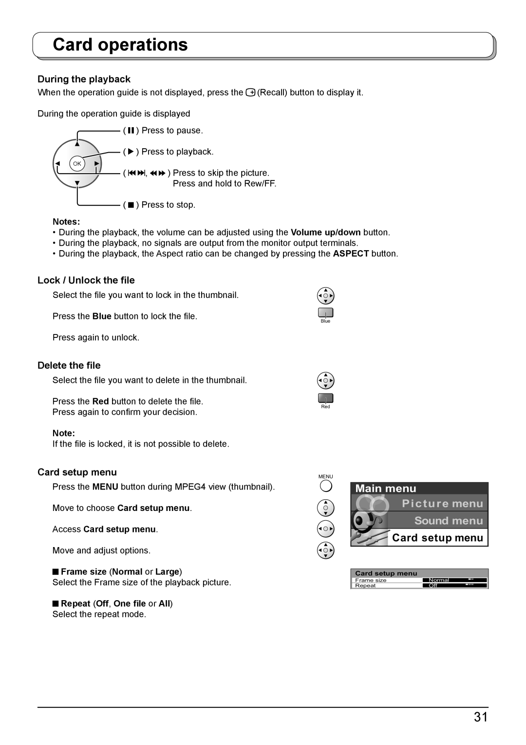 Panasonic TH-42PV500A, TH-50PV500A Access Card setup menu, Frame size Normal or Large, Repeat Off, One ﬁle or All 