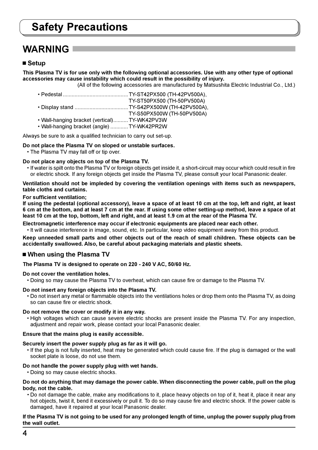 Panasonic TH-50PV500A, TH-42PV500A operating instructions Safety Precautions, Setup, When using the Plasma TV 