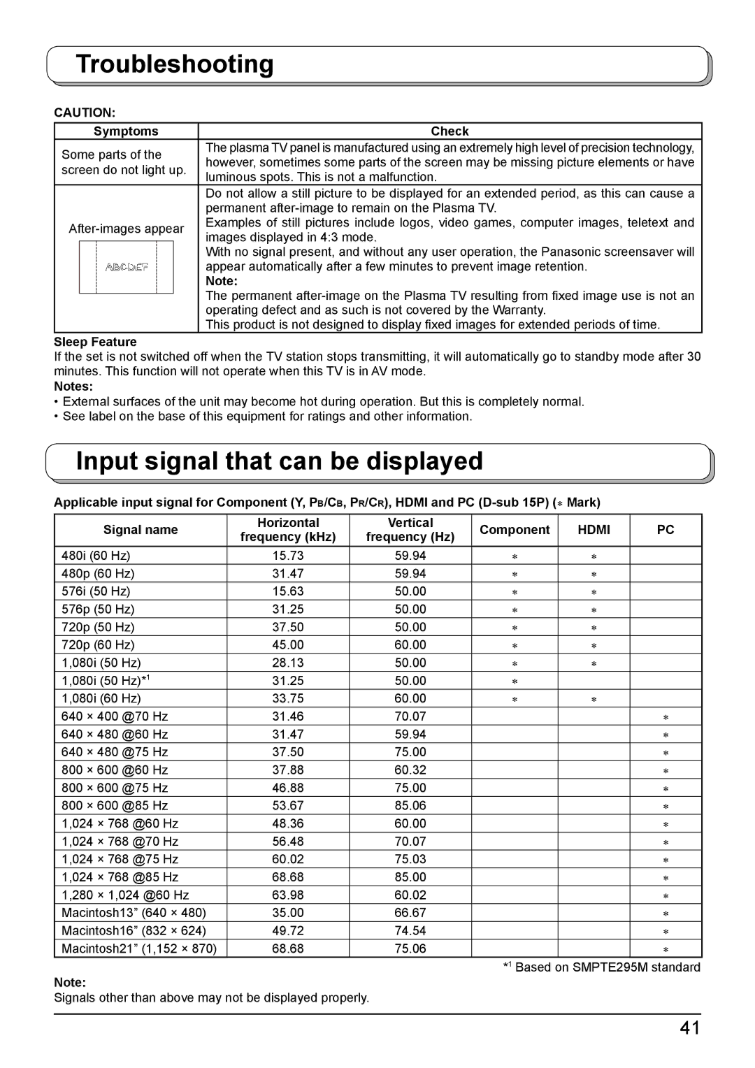 Panasonic TH-42PV500A, TH-50PV500A Input signal that can be displayed, Sleep Feature, Frequency kHz Frequency Hz 