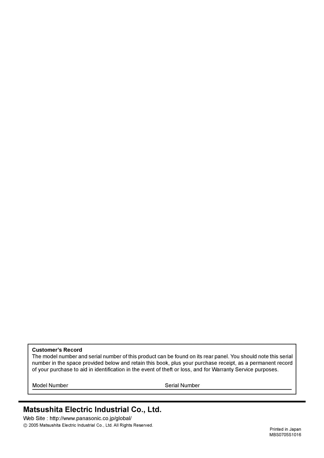 Panasonic TH-50PV500A, TH-42PV500A operating instructions Customer’s Record 