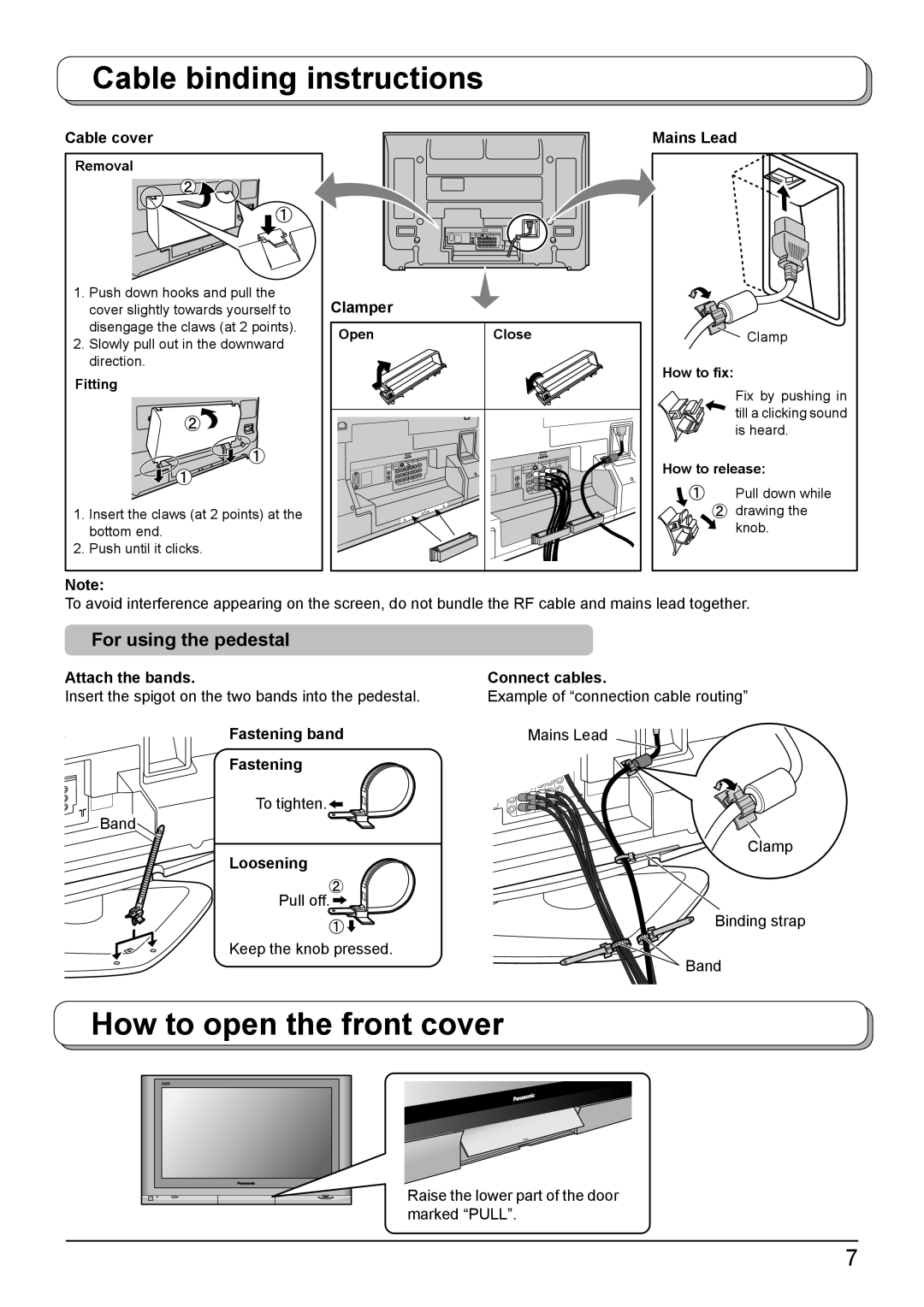 Panasonic TH-42PV500A, TH-50PV500A Cable binding instructions, How to open the front cover, For using the pedestal 