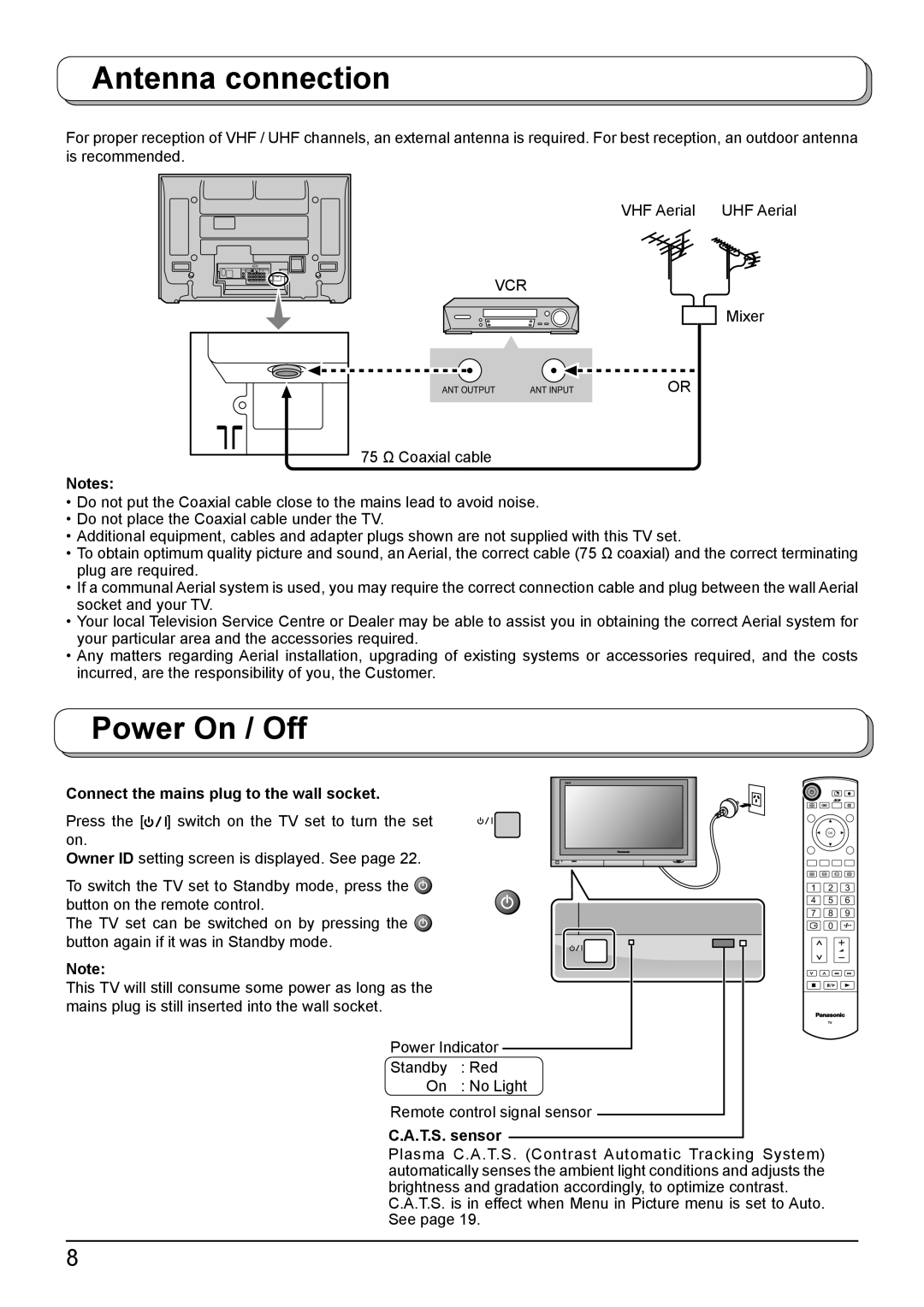 Panasonic TH-50PV500A Antenna connection, Power On / Off, Vcr, Connect the mains plug to the wall socket, T.S. sensor 