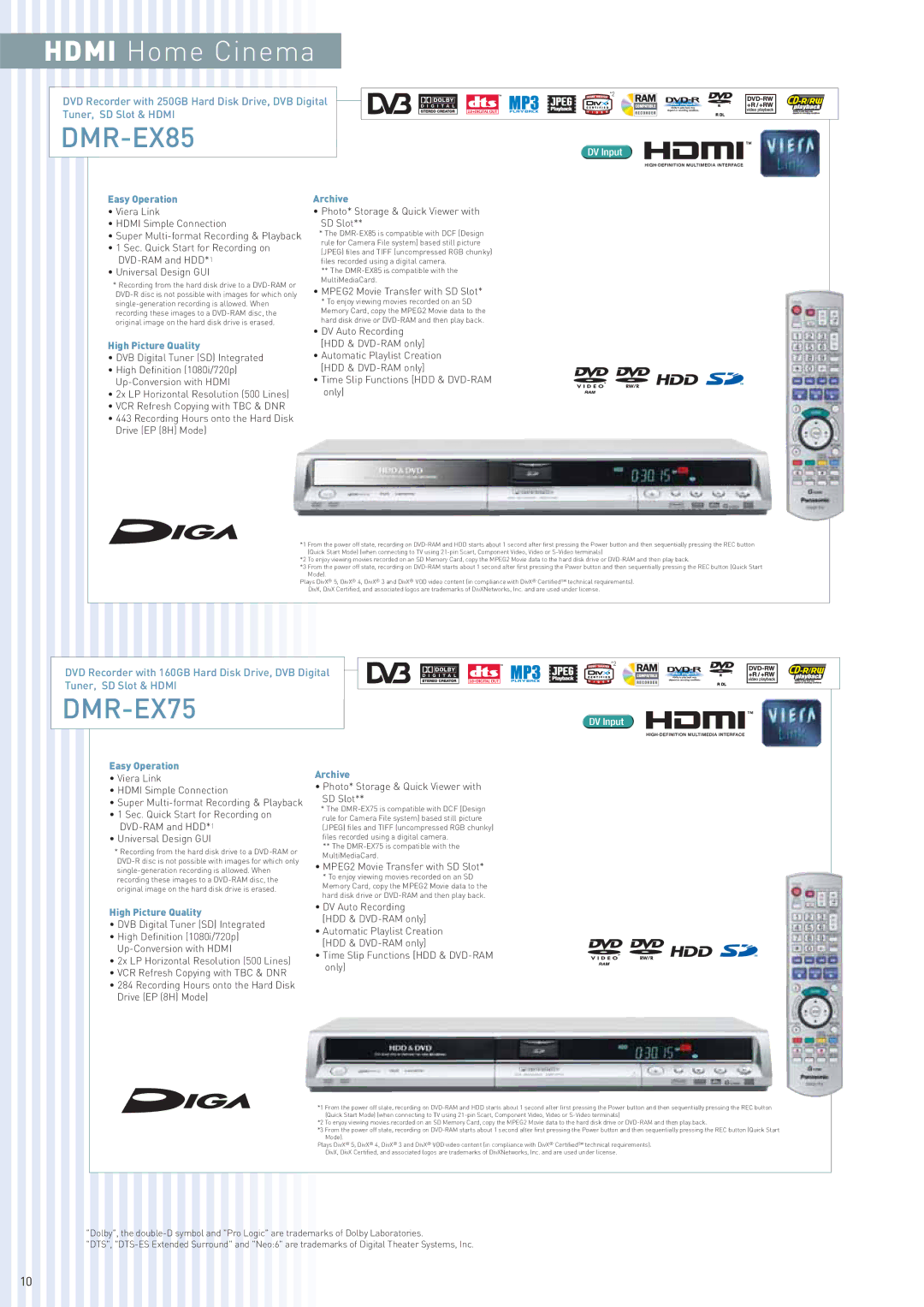 Panasonic TH-50PV60A manual DMR-EX85, DMR-EX75, Easy Operation Archive, High Picture Quality 