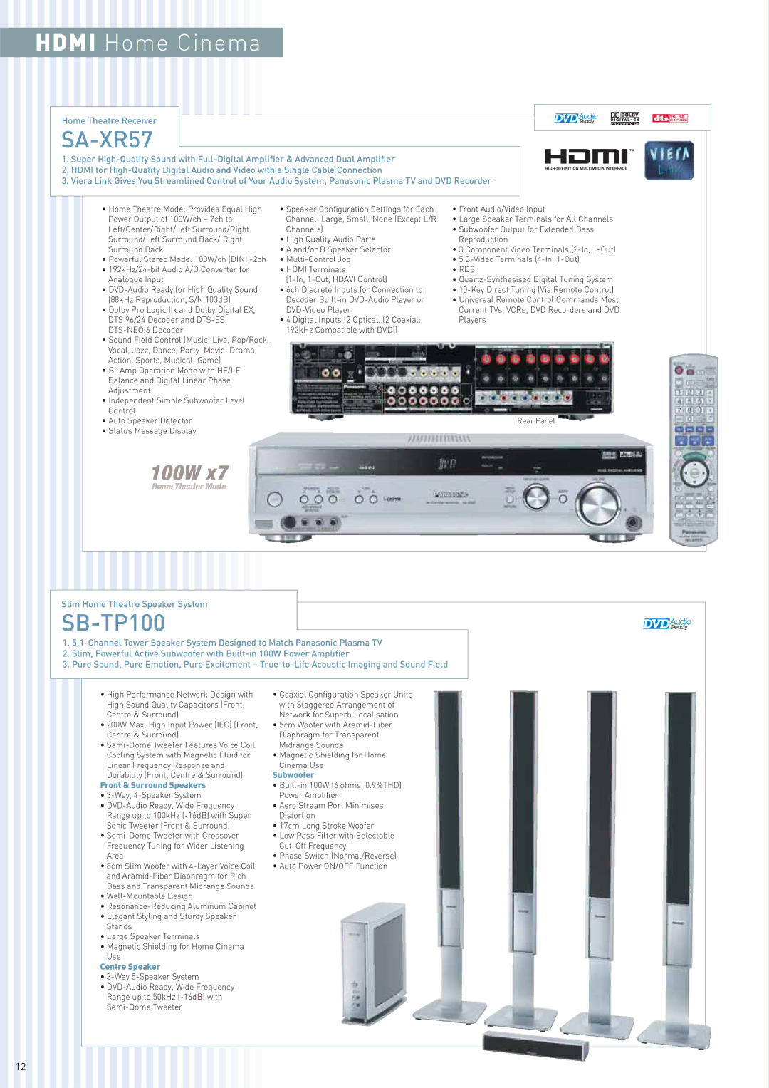 Panasonic TH-50PV60A manual SA-XR57, Subwoofer, Front & Surround Speakers, Centre Speaker 