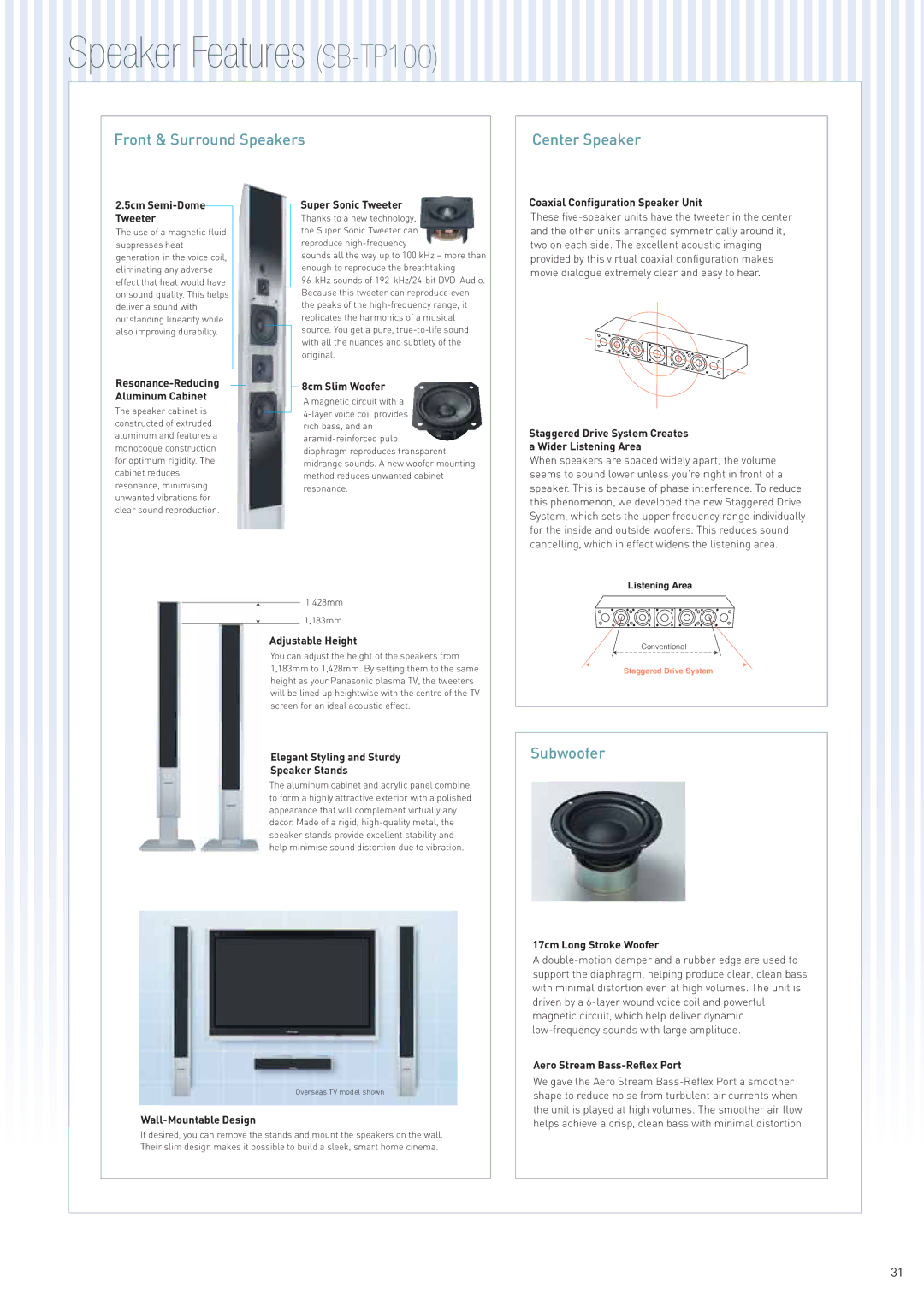 Panasonic TH-50PV60A manual 5cm Semi-Dome Tweeter, Super Sonic Tweeter, 8cm Slim Woofer, Coaxial Configuration Speaker Unit 