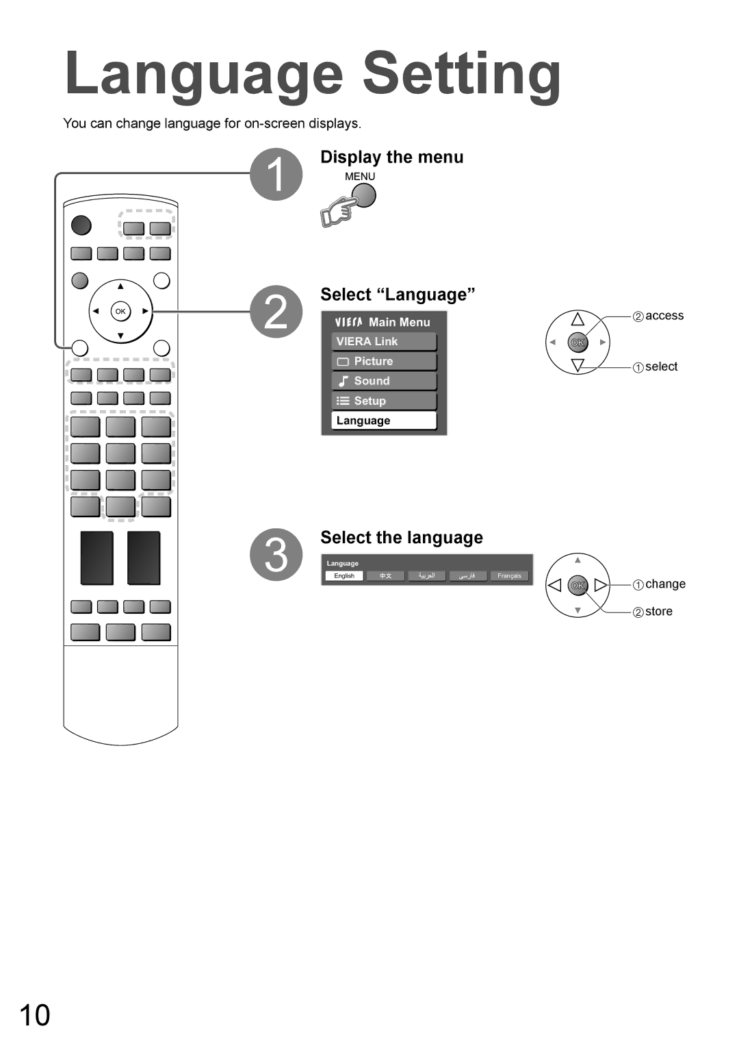 Panasonic TH-50PV700AZ, TH-42PV700AZ Language Setting, Display the menu Select Language, Select the language 