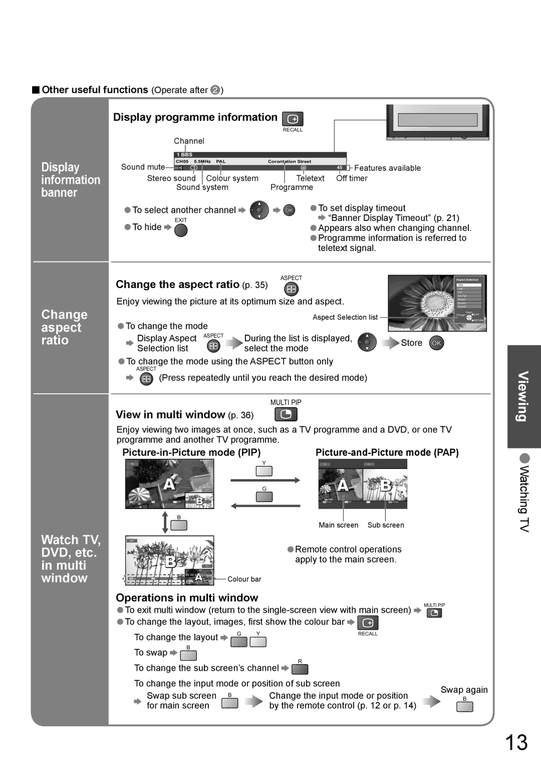 Panasonic TH-42PV700AZ, TH-50PV700AZ Display, Information, Banner, Change, Aspect, Ratio, Watch TV, DVD, etc, Multi Window 