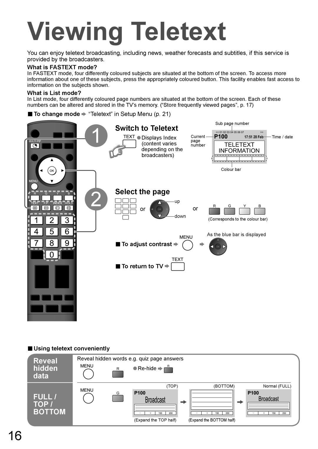 Panasonic TH-50PV700AZ, TH-42PV700AZ operating instructions Viewing Teletext, Switch to Teletext, Reveal, Hidden Data 