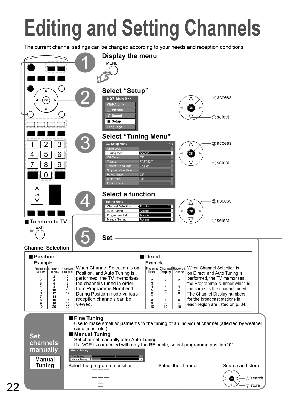 Panasonic TH-50PV700AZ, TH-42PV700AZ Display the menu Select Setup, Select Tuning Menu, Select a function, Manual Tuning 