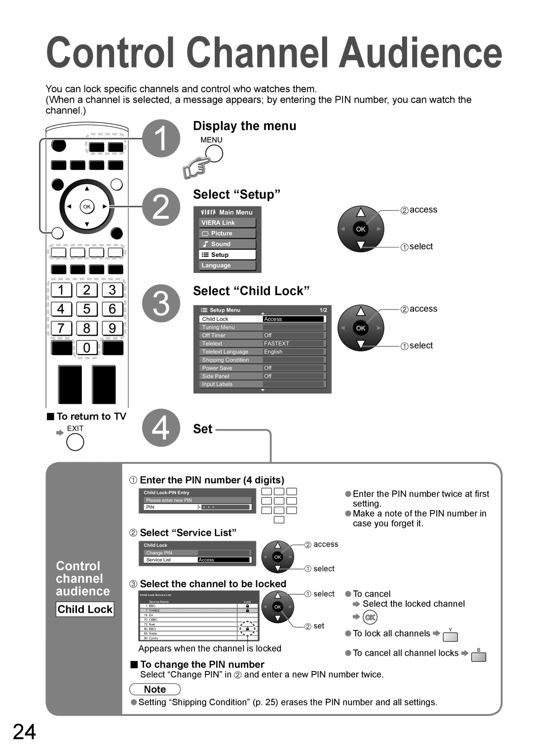 Panasonic TH-50PV700AZ, TH-42PV700AZ Display the menu Select Setup, Select Child Lock, Control channel, Audience 