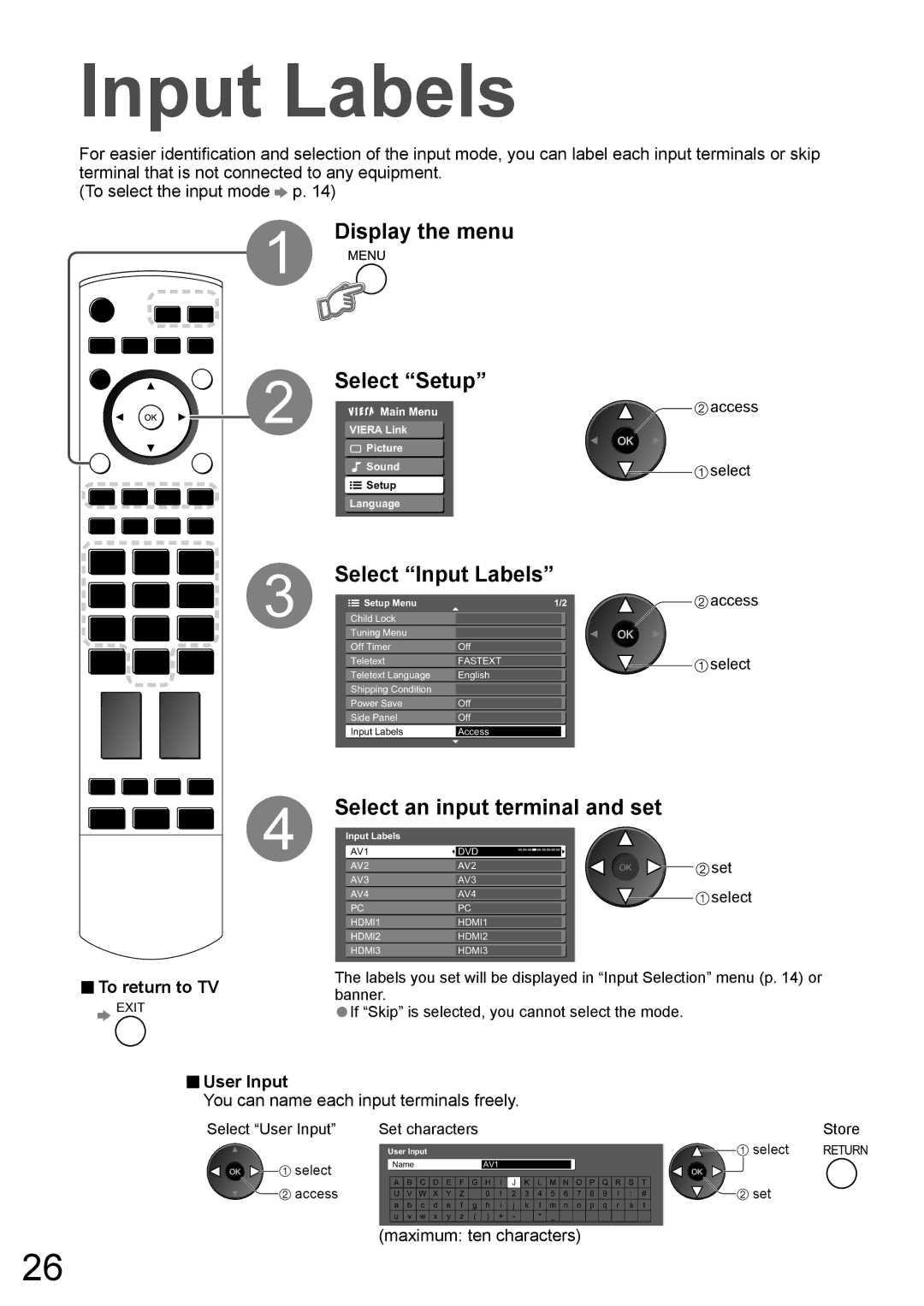 Panasonic TH-50PV700AZ, TH-42PV700AZ operating instructions Select Input Labels, User Input 