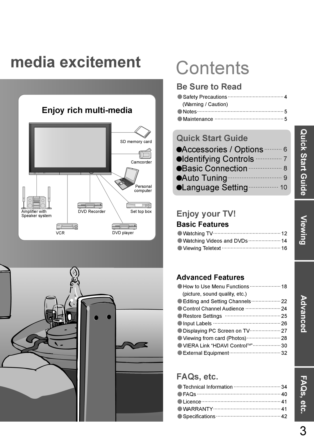 Panasonic TH-42PV700AZ, TH-50PV700AZ operating instructions Contents 