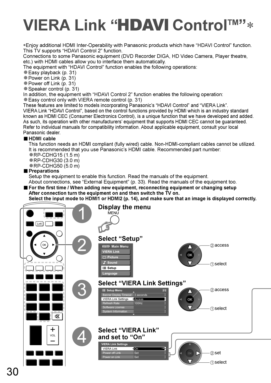 Panasonic TH-50PV700AZ, TH-42PV700AZ Select Viera Link Settings, Select Viera Link Set to On, Hdmi cable, Preparations 