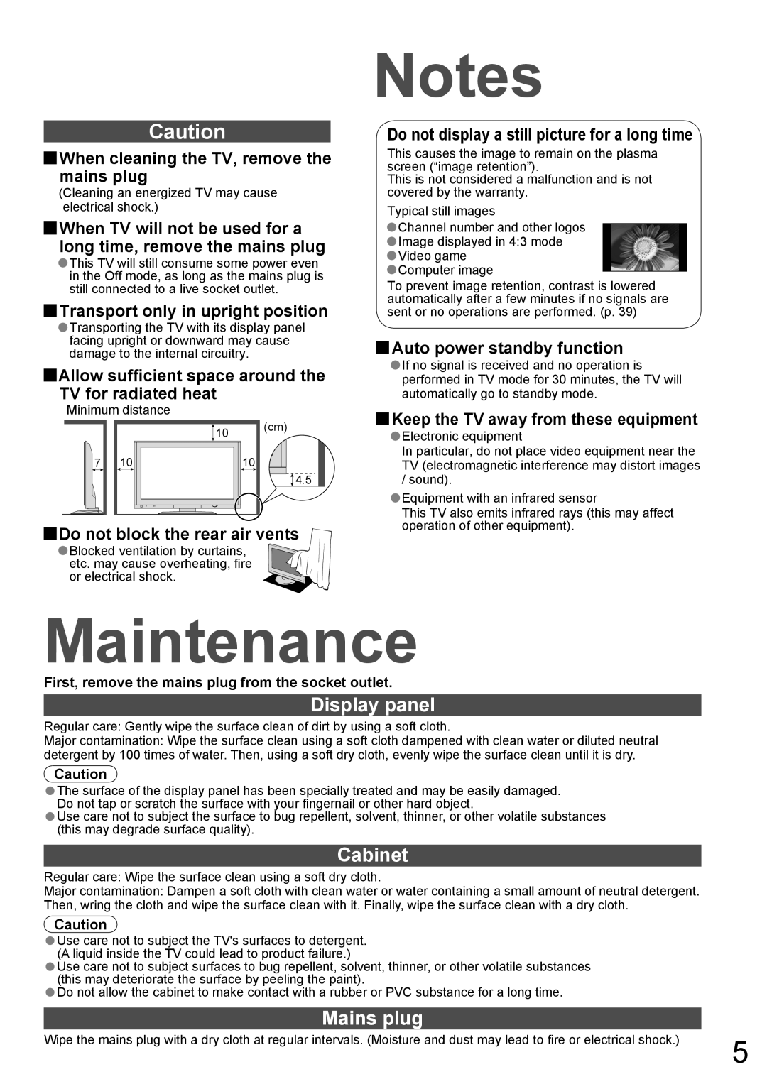 Panasonic TH-42PV700AZ, TH-50PV700AZ operating instructions Maintenance, Display panel, Cabinet, Mains plug 