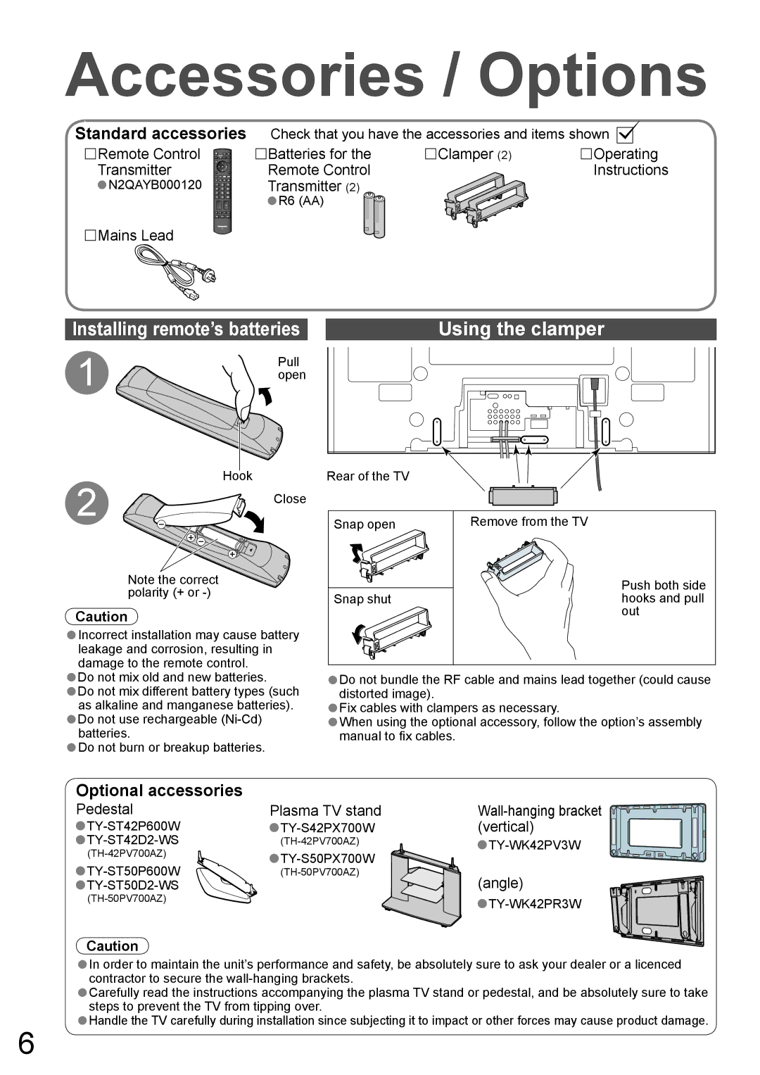 Panasonic TH-50PV700AZ, TH-42PV700AZ Accessories / Options, Installing remote’s batteries Using the clamper 