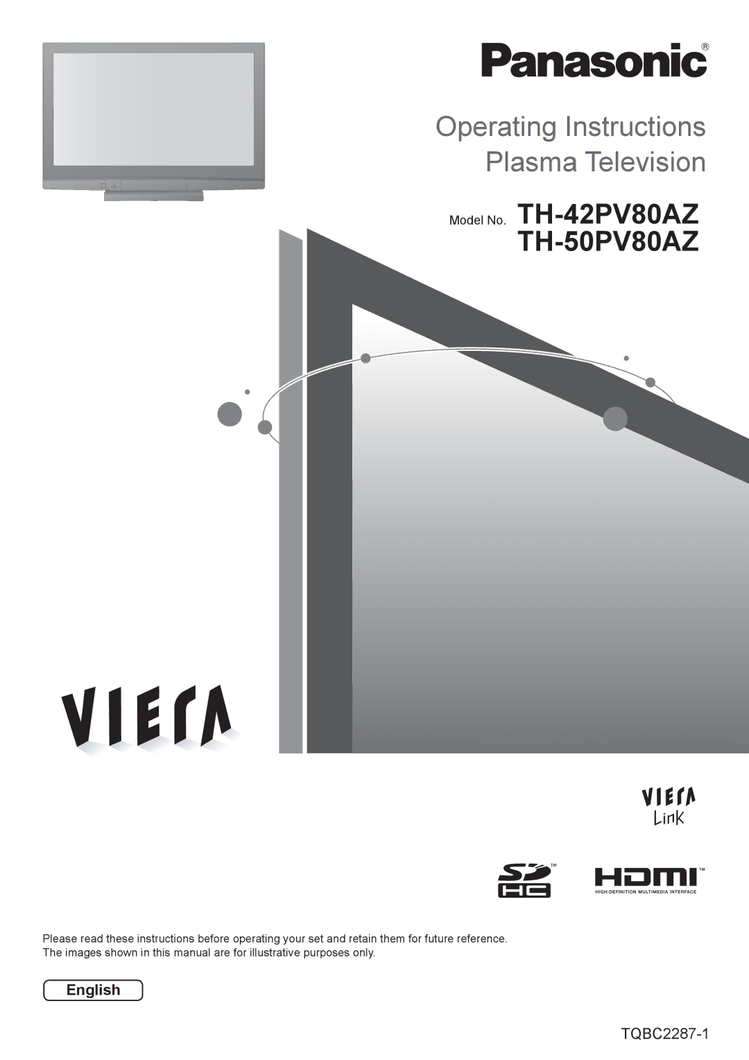 Panasonic TH-42PV80AZ manual TH-50PV80AZ, English 