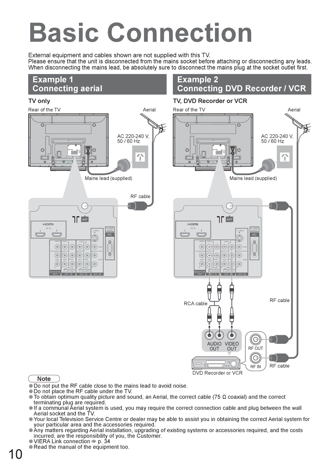 Panasonic TH-50PV80AZ, TH-42PV80AZ manual Basic Connection, Example Connecting aerial Connecting DVD Recorder / VCR 