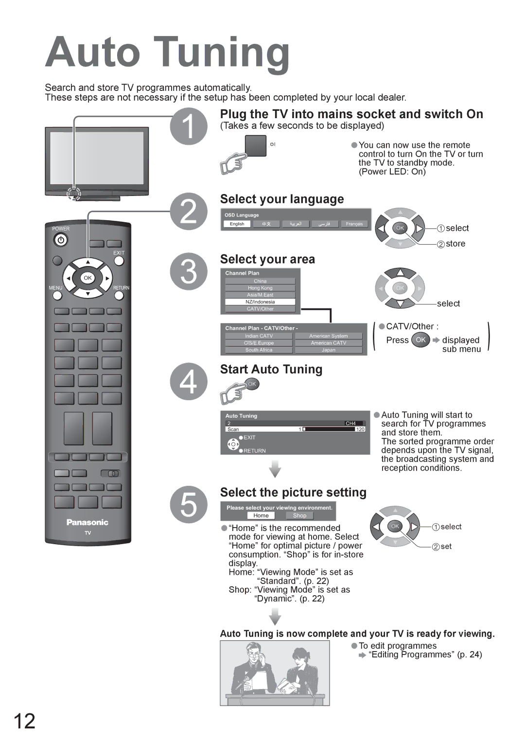 Panasonic TH-50PV80AZ Select your language, Select your area, Start Auto Tuning, Takes a few seconds to be displayed 