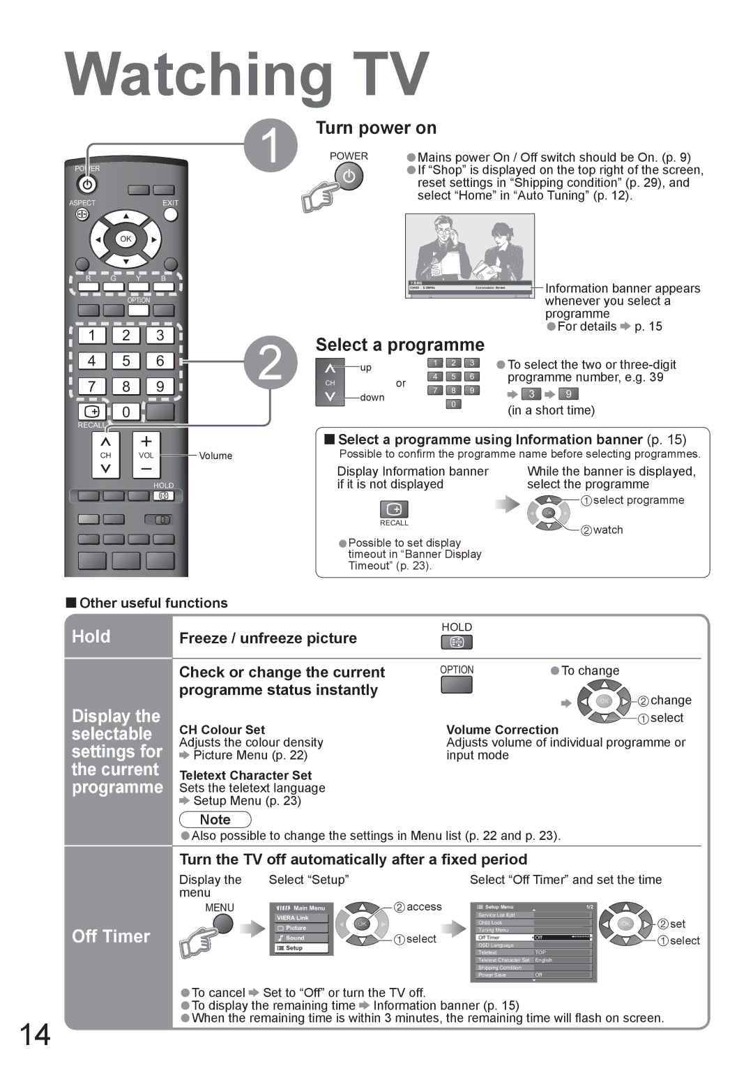 Panasonic TH-50PV80AZ, TH-42PV80AZ manual Watching TV, Turn power on, Select a programme, Hold, Off Timer 