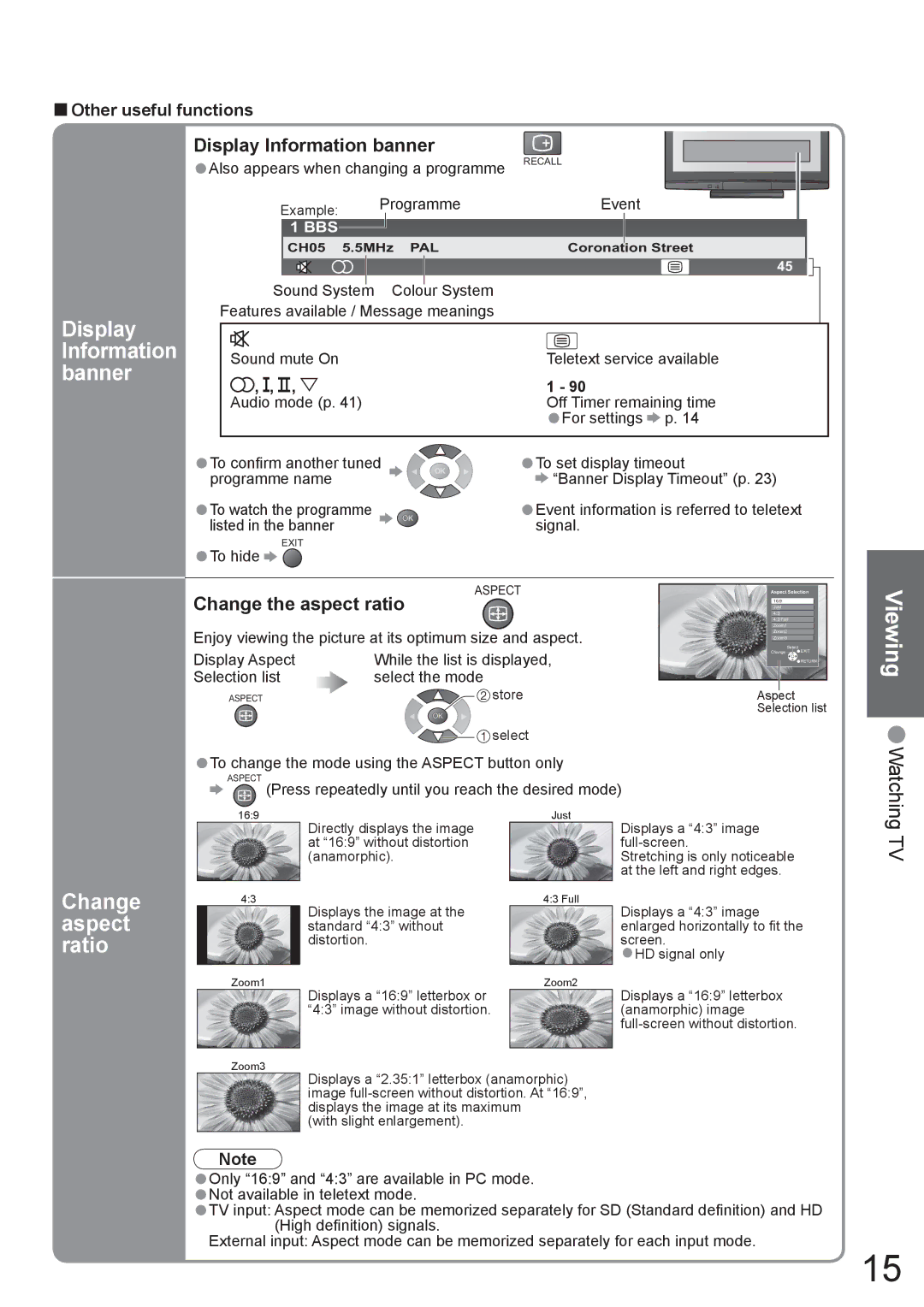 Panasonic TH-42PV80AZ, TH-50PV80AZ manual Display, Information, Banner, Change aspect ratio 