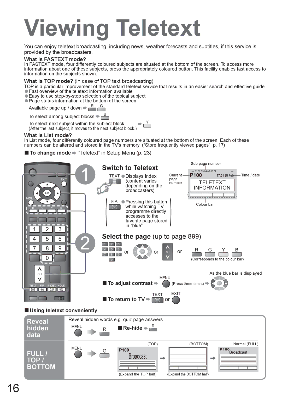 Panasonic TH-50PV80AZ, TH-42PV80AZ manual Viewing Teletext, Reveal, Hidden, Data 