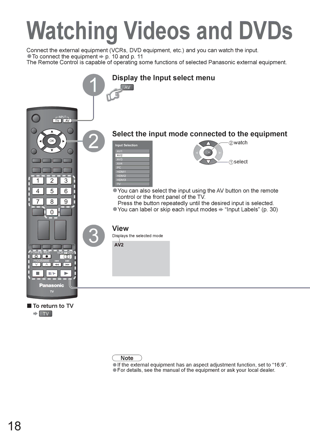 Panasonic TH-50PV80AZ, TH-42PV80AZ manual Display the Input select menu, View, To return to TV, Watch 