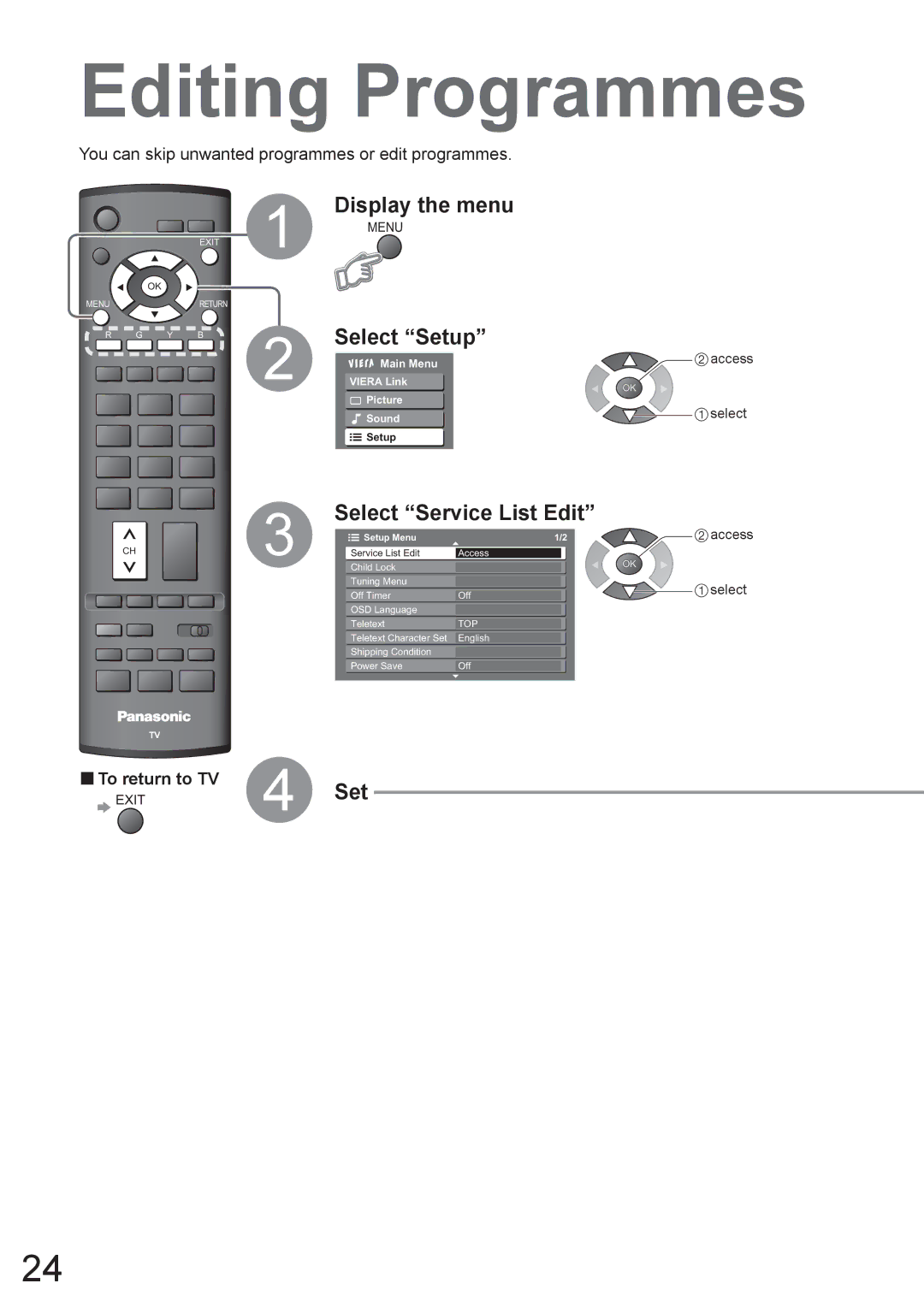 Panasonic TH-50PV80AZ, TH-42PV80AZ manual Editing Programmes, Select Setup, Select Service List Edit 