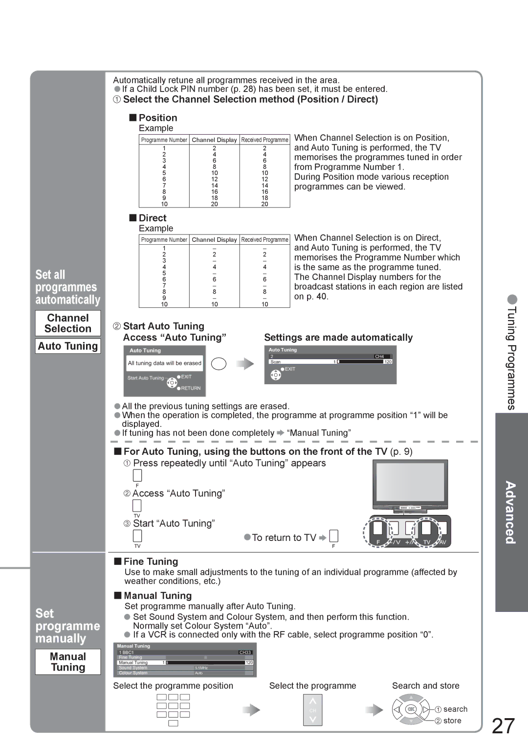 Panasonic TH-42PV80AZ, TH-50PV80AZ manual Channel Selection Auto Tuning, Manual Tuning 