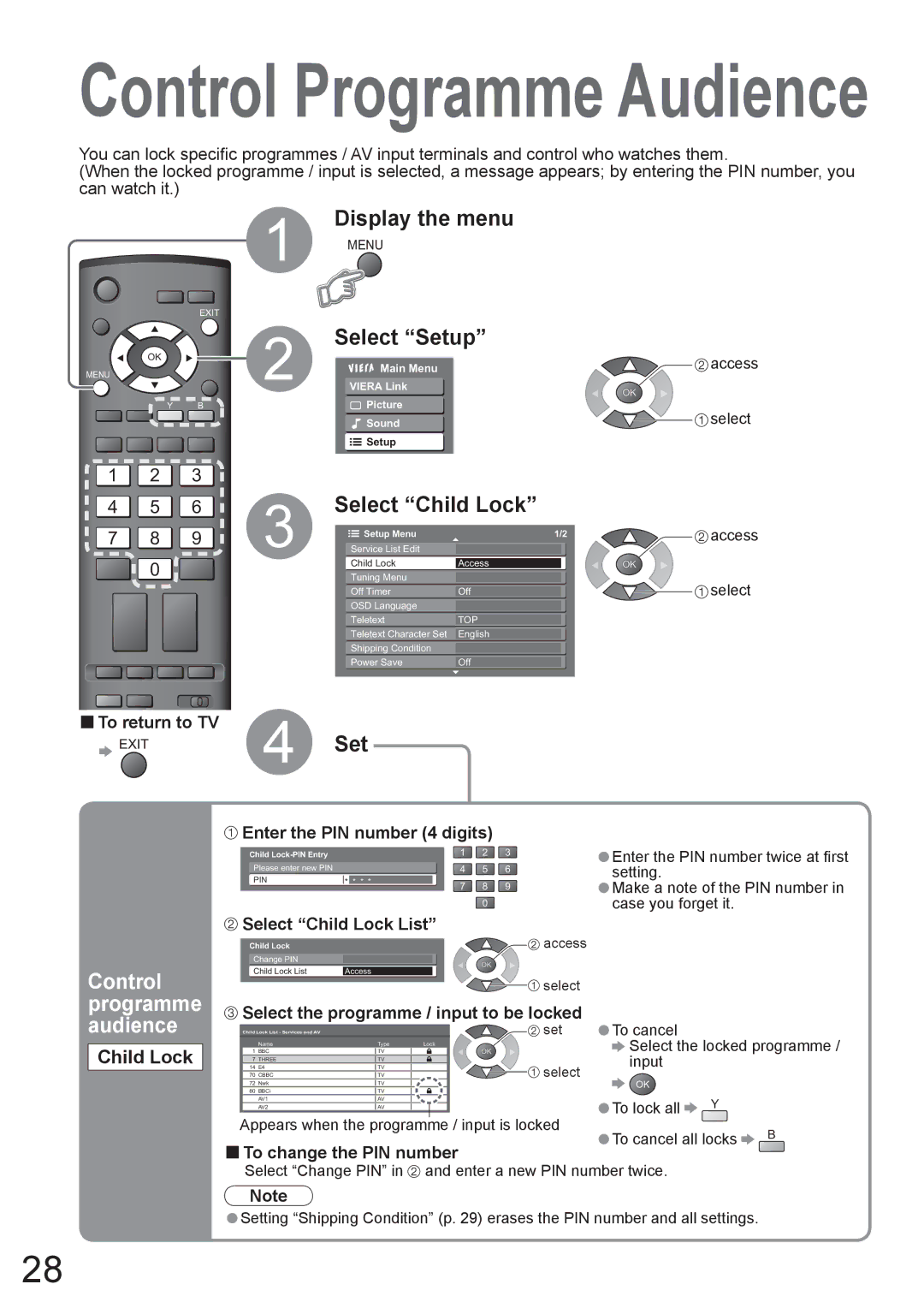 Panasonic TH-50PV80AZ Enter the PIN number 4 digits, Select Child Lock List, Select the programme / input to be locked 