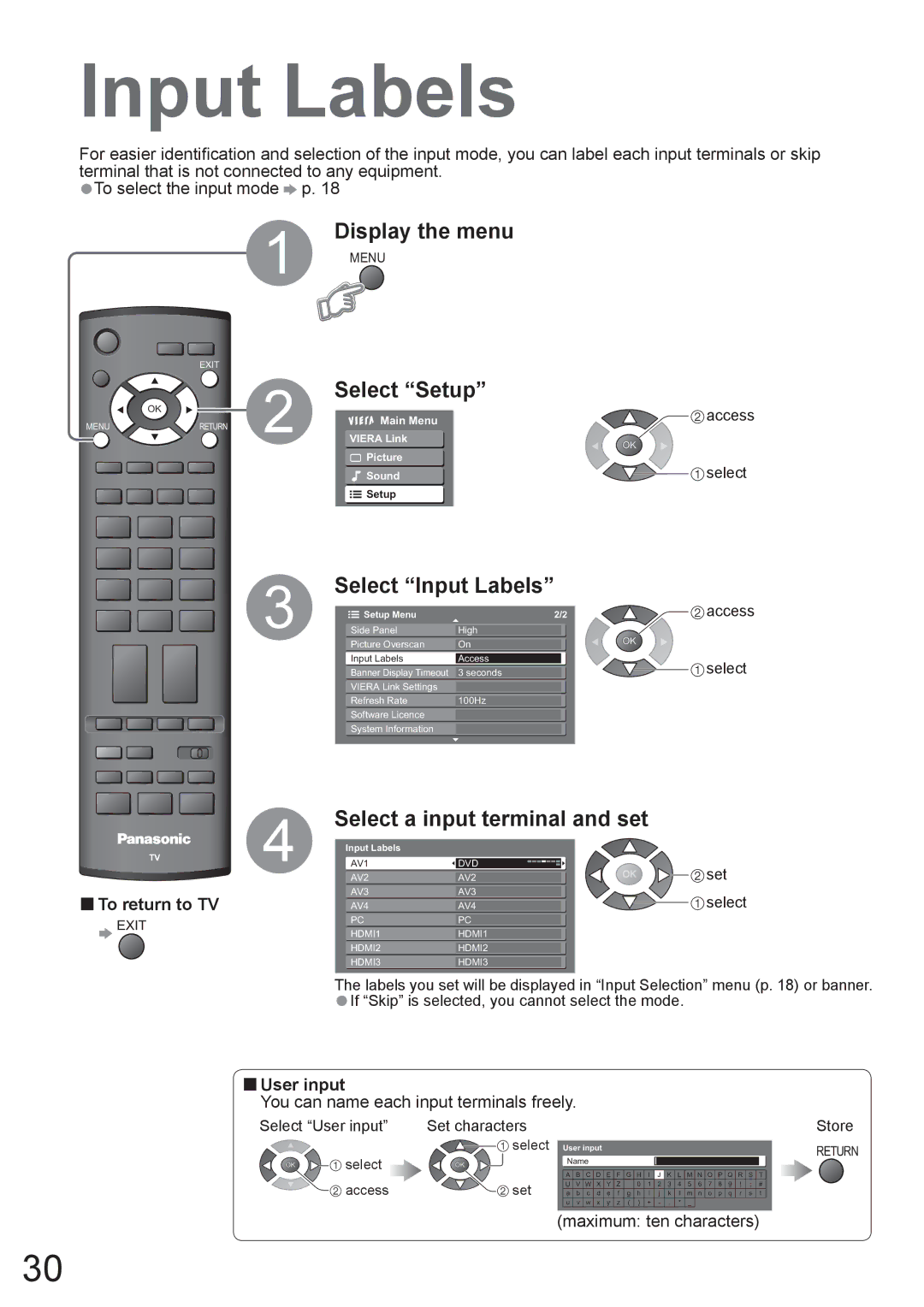 Panasonic TH-50PV80AZ, TH-42PV80AZ manual Select Input Labels, Select a input terminal and set, User input 