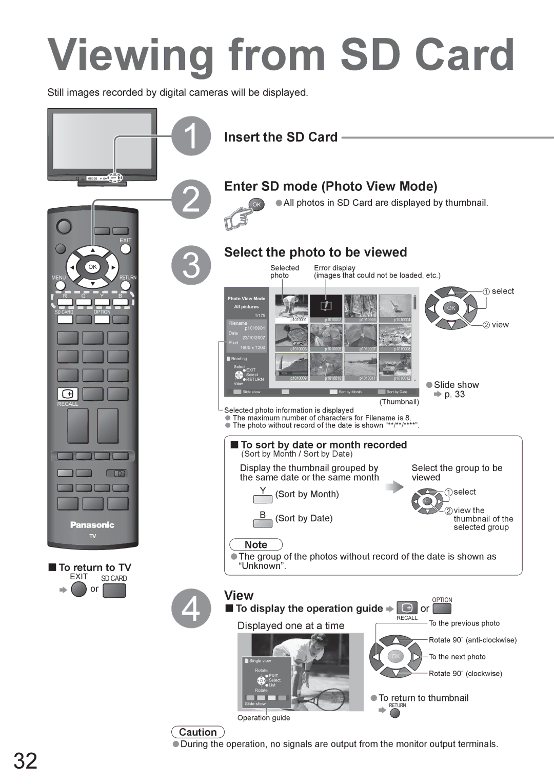 Panasonic TH-50PV80AZ, TH-42PV80AZ manual Viewing from SD Card, Insert the SD Card Enter SD mode Photo View Mode 