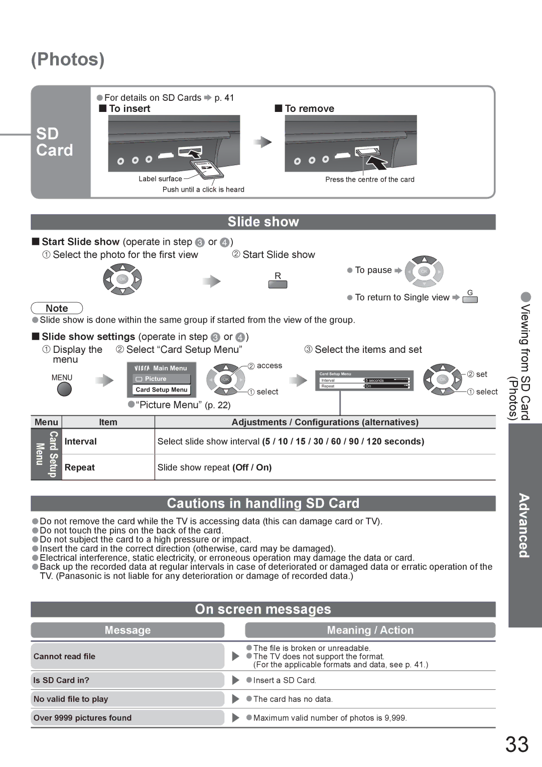 Panasonic TH-42PV80AZ Slide show, On screen messages, To insert, Display Select Card Setup Menu Select the items and set 