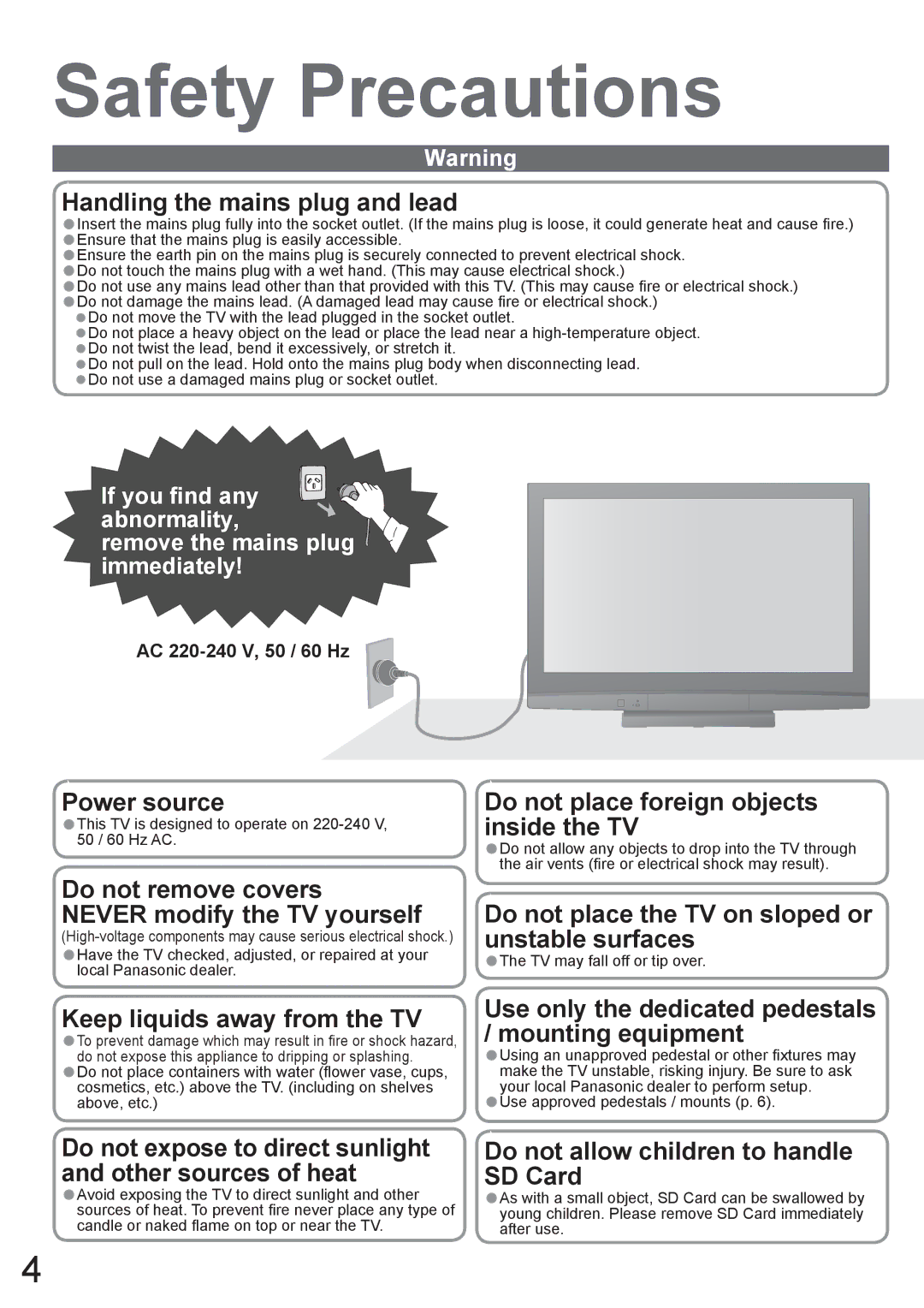 Panasonic TH-50PV80AZ, TH-42PV80AZ manual Safety Precautions, AC 220-240 V, 50 / 60 Hz, TV may fall off or tip over 