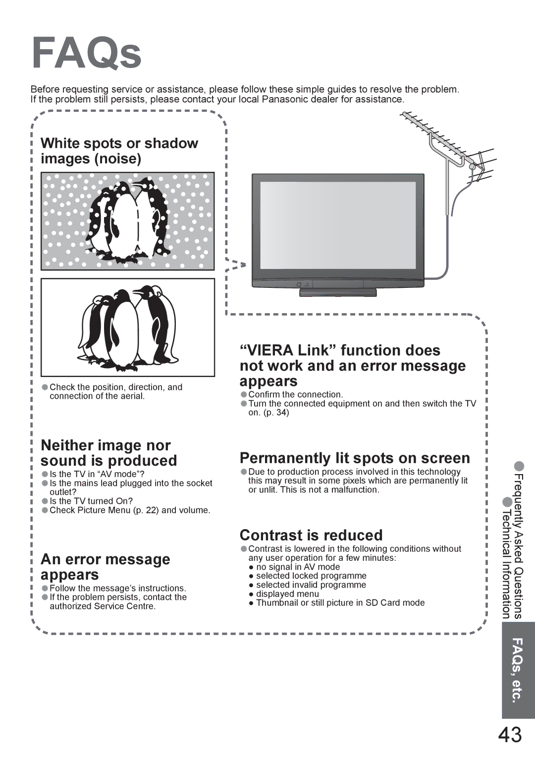 Panasonic TH-42PV80AZ, TH-50PV80AZ manual FAQs, Check the position, direction, and connection of the aerial 